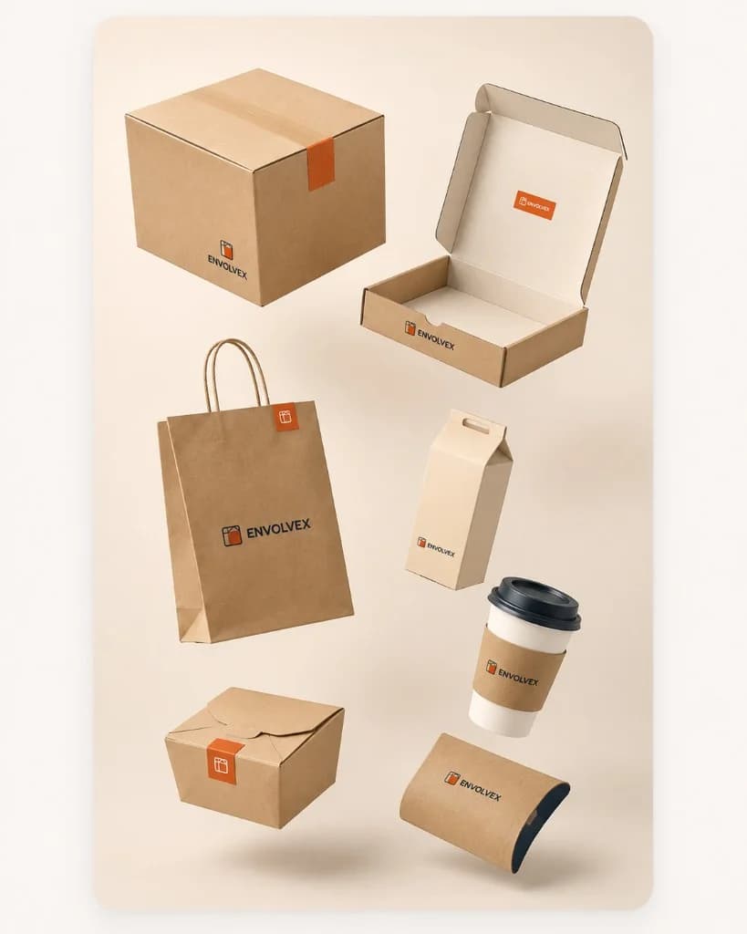 Empaques ENVOLVEX: cajas, bolsa, vaso de café y food packaging