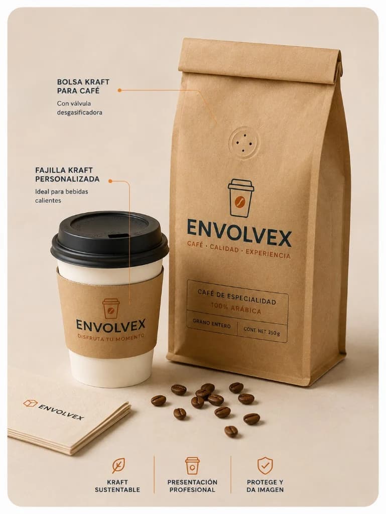 Empaque para cafeterías ENVOLVEX: fajilla, vaso y bolsa