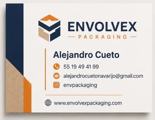 Tarjeta de Alejandro Cueto, ENVOLVEX Packaging. Teléfono 55 19 49 41 99, correo alejandrocuetonavarijo@gmail.com, Instagram envpackaging.