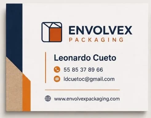 Tarjeta de Leonardo Cueto, ENVOLVEX Packaging. Teléfono 55 85 37 89 66, correo ldcuetoc@gmail.com.
